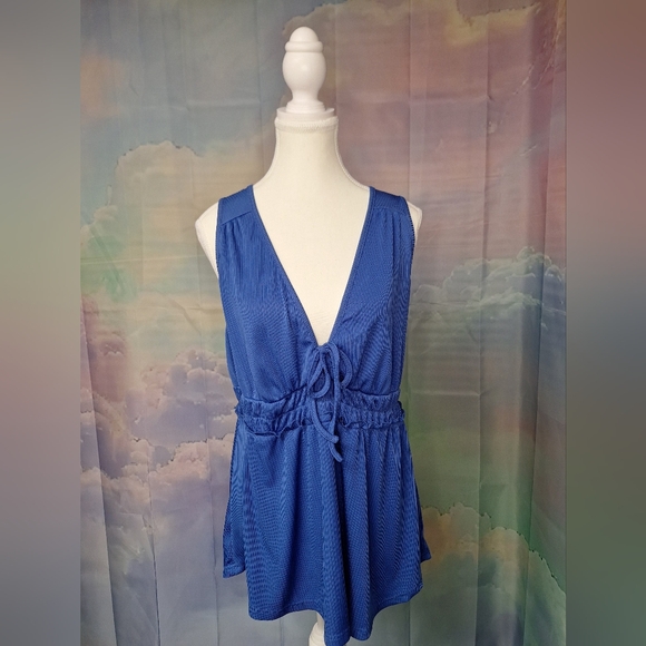 SHEIN Tops - SHEIN Blue Tie Front V Neck Ribbed Peplum Tank Top